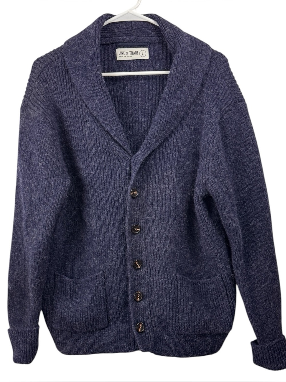 Line of Trade Cardigan Size Large Blue 100% Shetland Wool Shawl Collar Sweater
